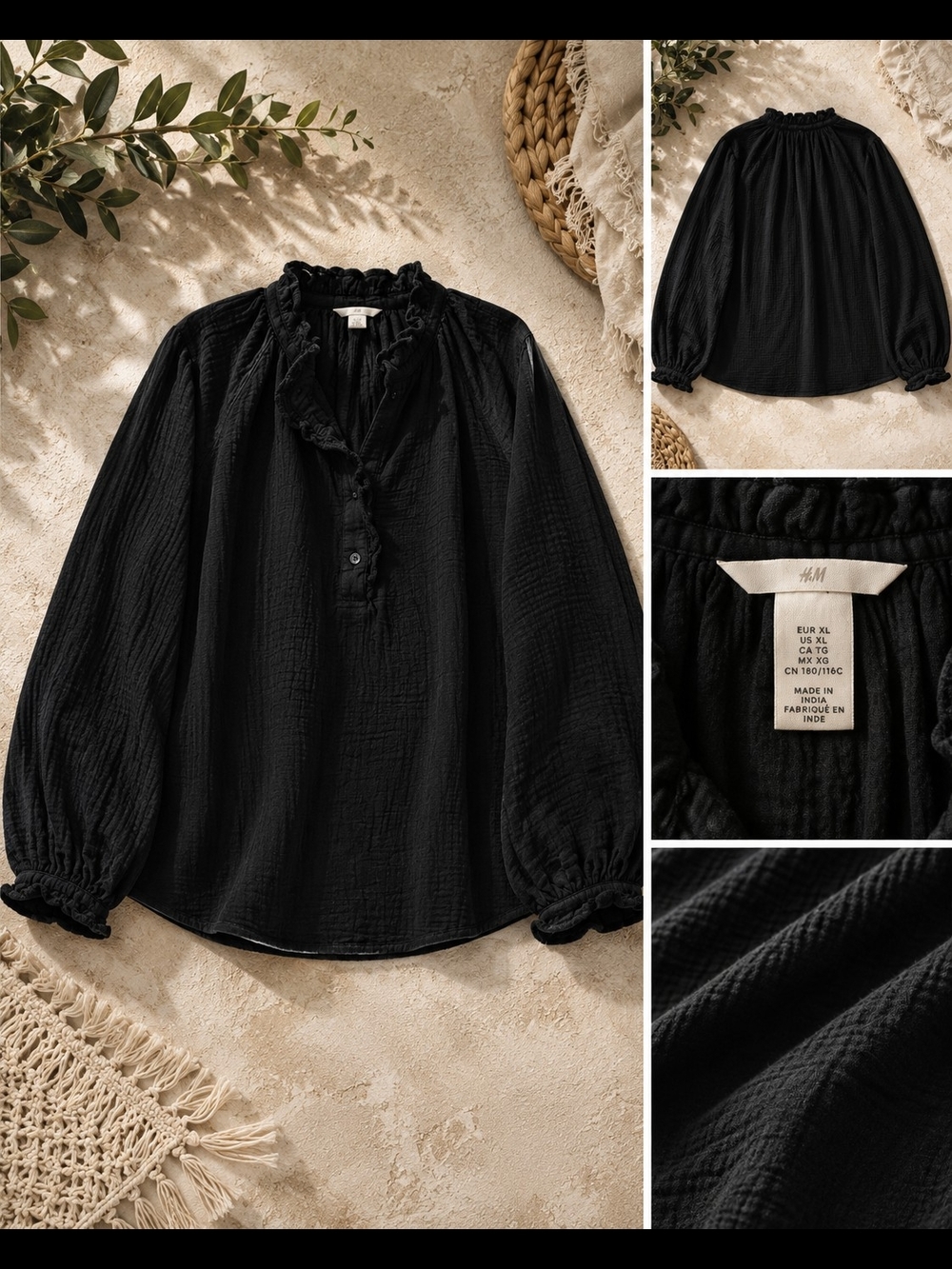 H&M Black Ruffle Trimmed Muslin Blouse Boho Peasant Top Size XL